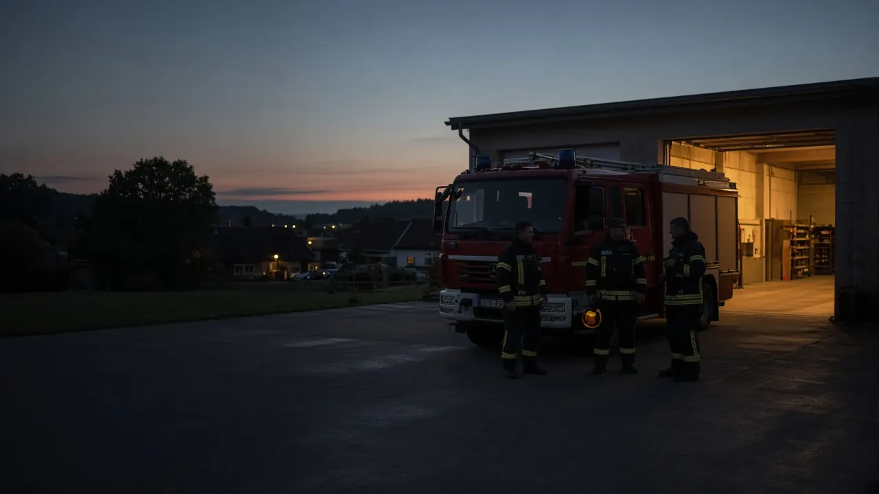 Drei Feuerwehrleute vor dem Löschfahrzeug am Gerätehaus