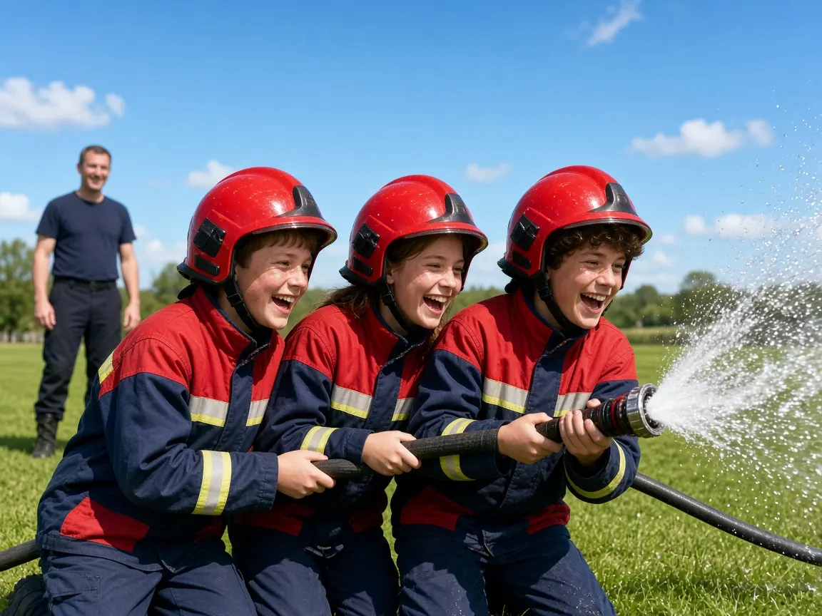 Jugendfeuerwehr übt mit dem Schlauch auf der Wiese